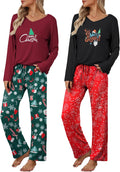 Ekouaer Womens 2 Pack Pajama Set V Neck Long Sleeve (Style DKKH)