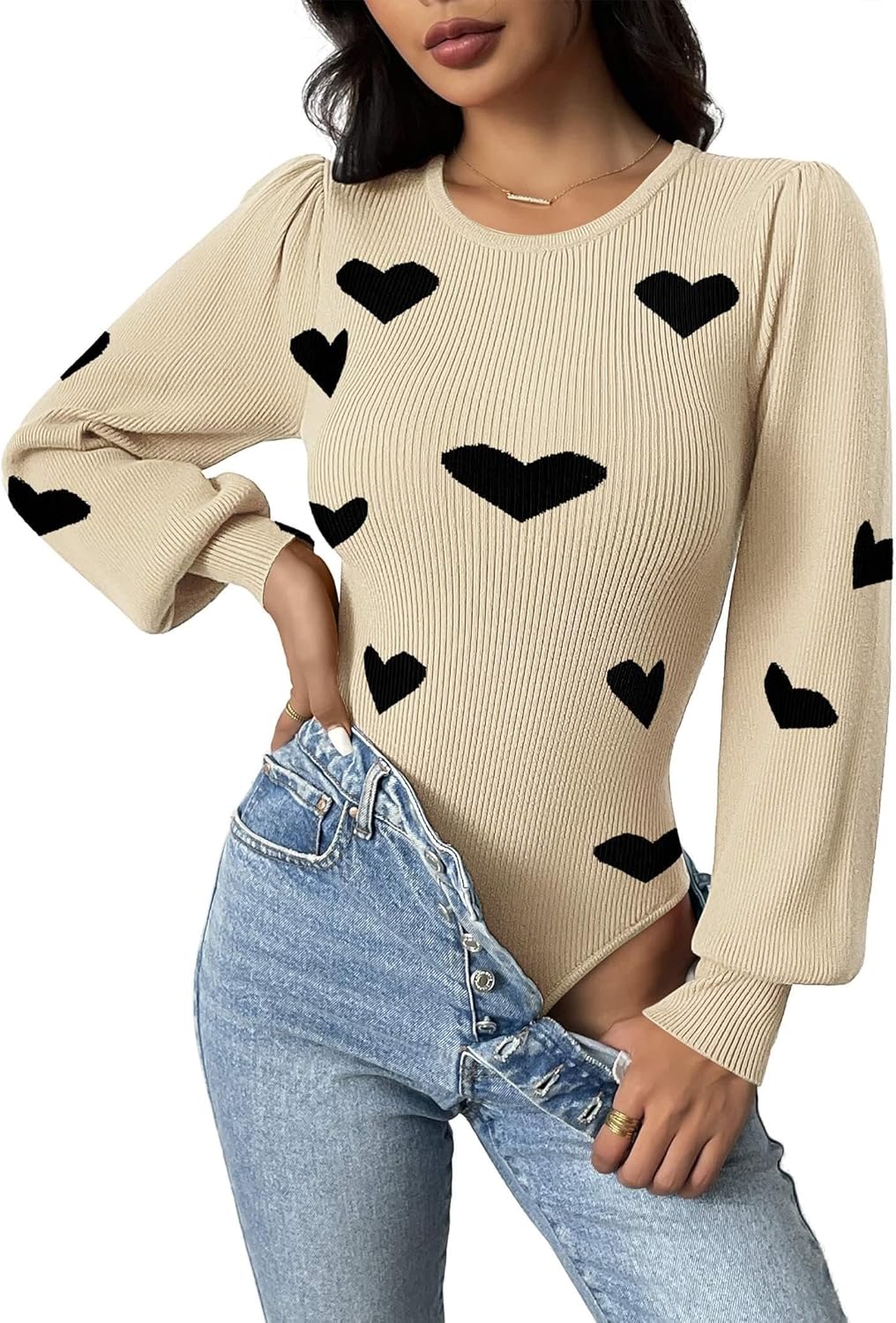 Zeagoo Women Long Puff Sleeve Sweater Slim Fit Pullover Tops