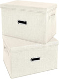 Large Linen Fabric Foldable Storage Bins with Lid and Handles - Medium