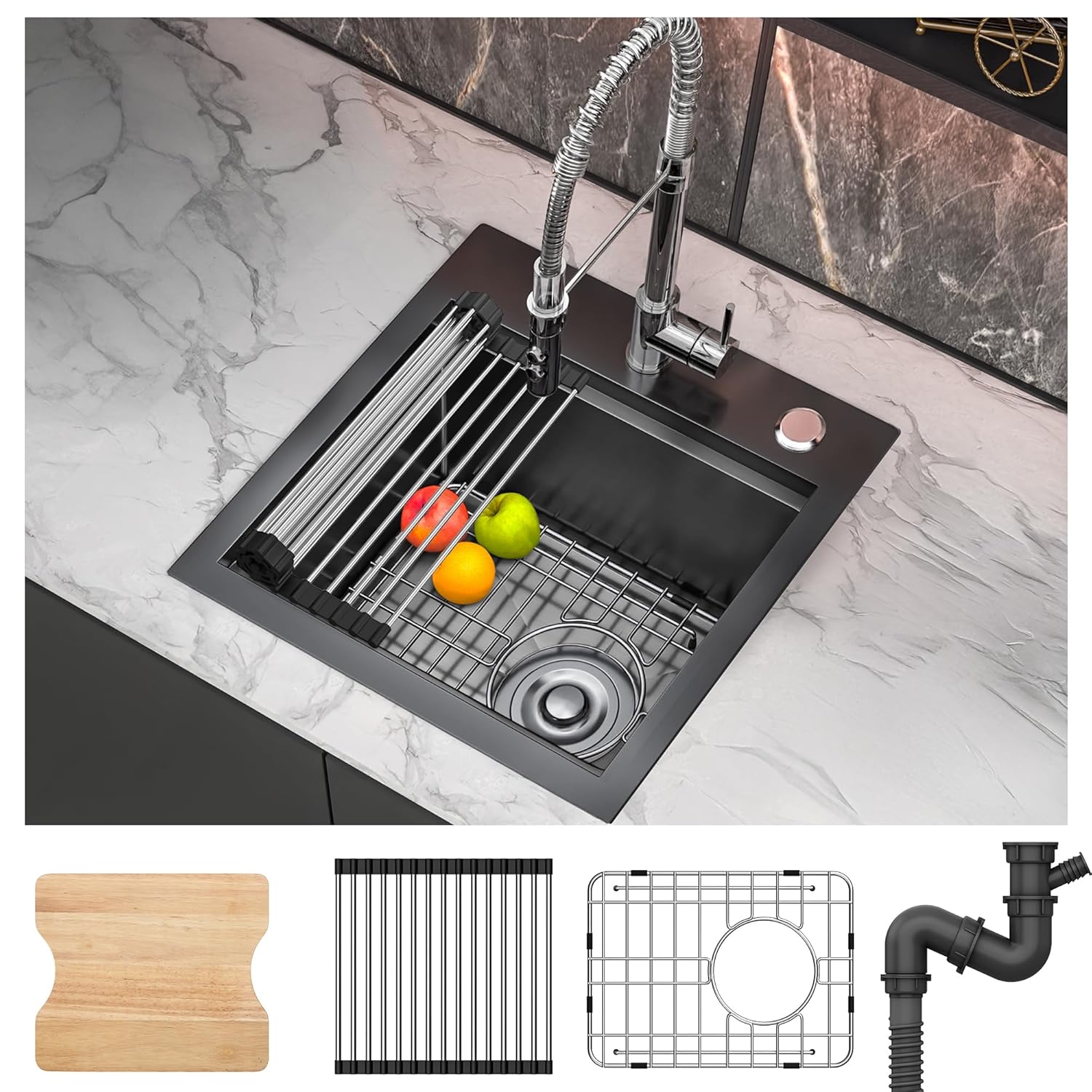 YITAHOME Black Drop In Kitchen Sink Workstation for Small Spaces