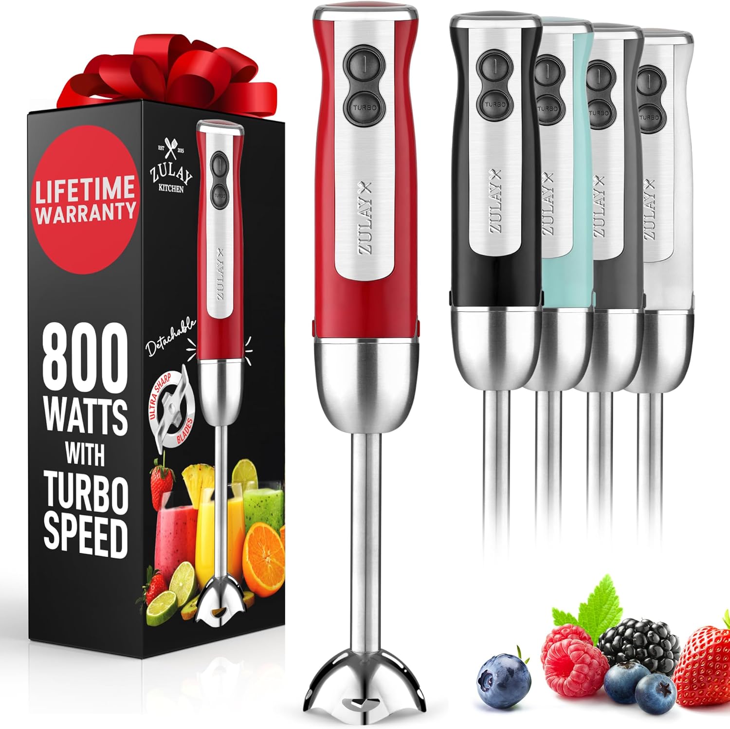 Zulay 800W Handheld Immersion Blender - Turbo Power, Effortless Blending | Red