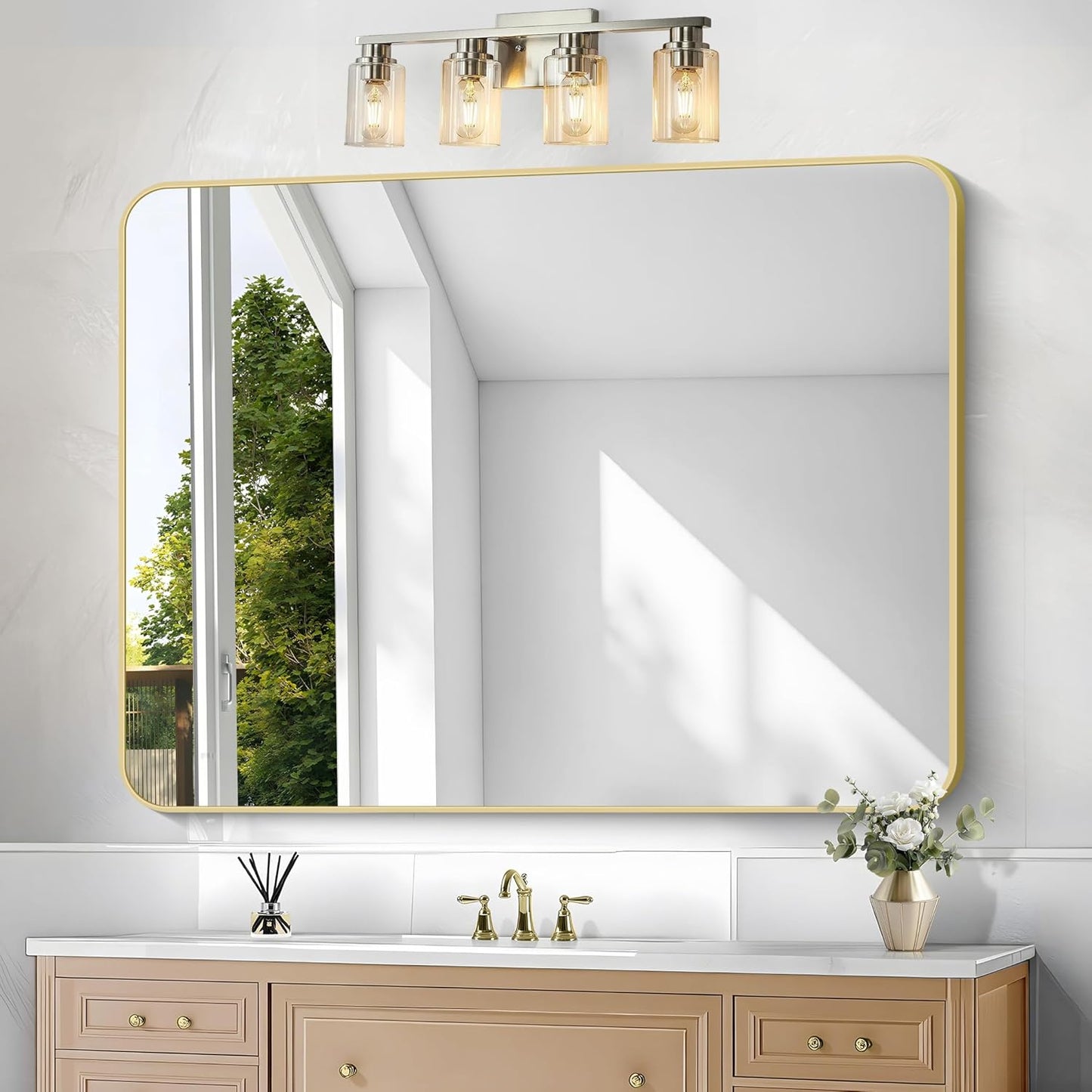 BONEWEI Gold Bathroom Mirror - Elegant 36x48 in Wall Decor