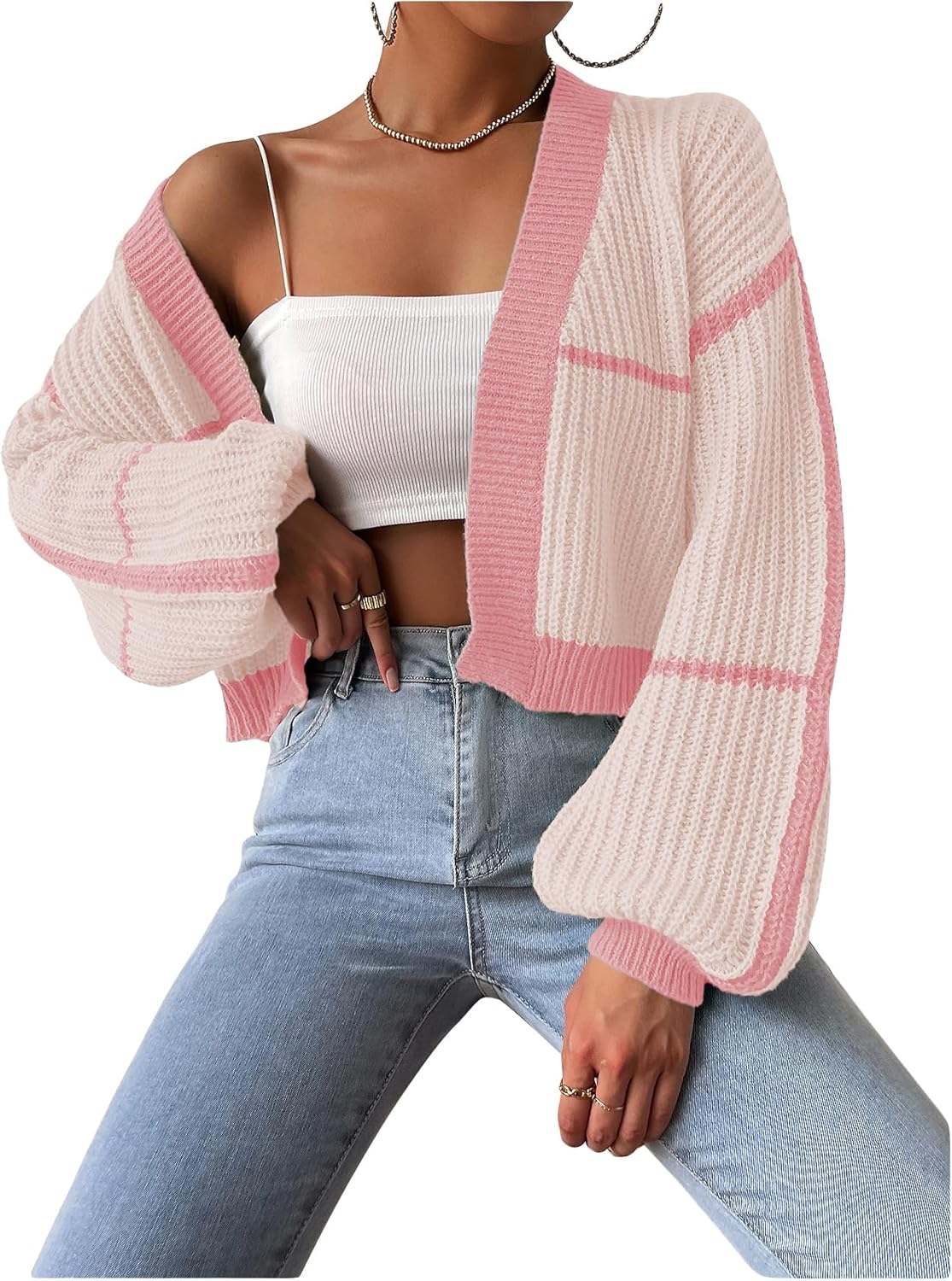 COZYEASE Women's Color Block Crop Cardigan for Fashion Lovers