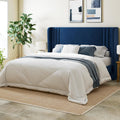 Velvet Platform Bed Frame with Wingback Headboard - Modern Blue