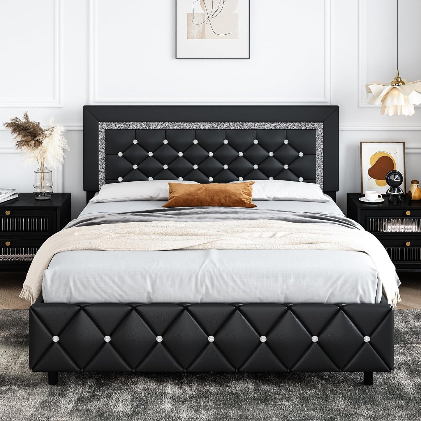 HOMBCK Queen Platform Bed Frame with Diamond Headboard