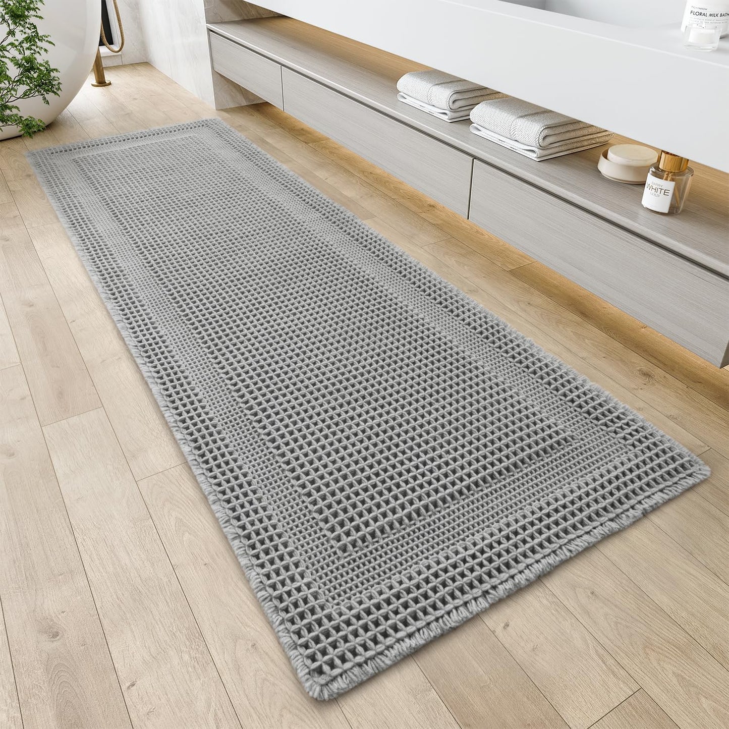 Waffle Bath Mat Non Slip, Ultra Soft Boho Bathroom Rug 2ftx4ft