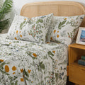 Queen Percale Cotton Sheet Set Green Floral - Crisp, Deep Pocket