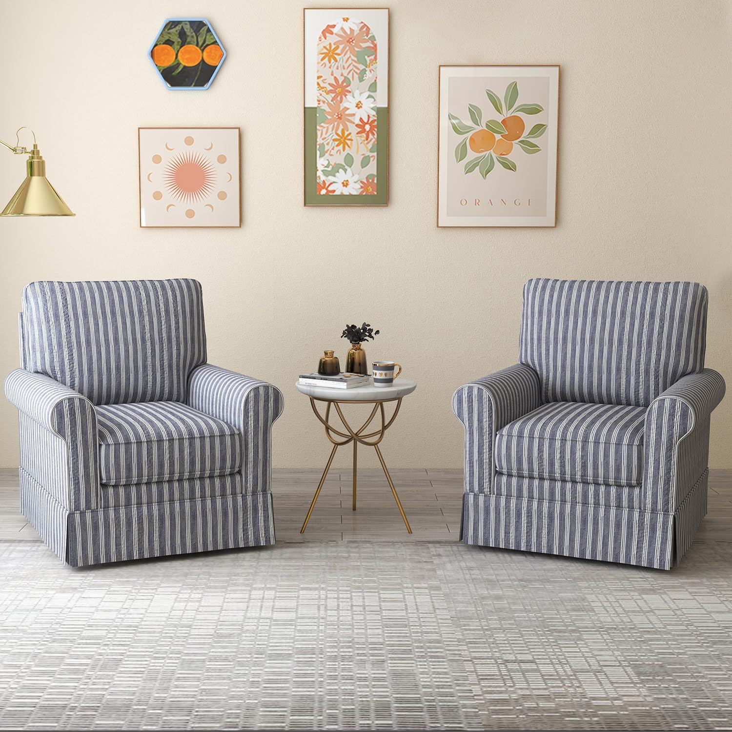Incredible Swivel Accent Chairs, Set of 2, Mid Century Modern, Fully Assembled, Blue Stripe
