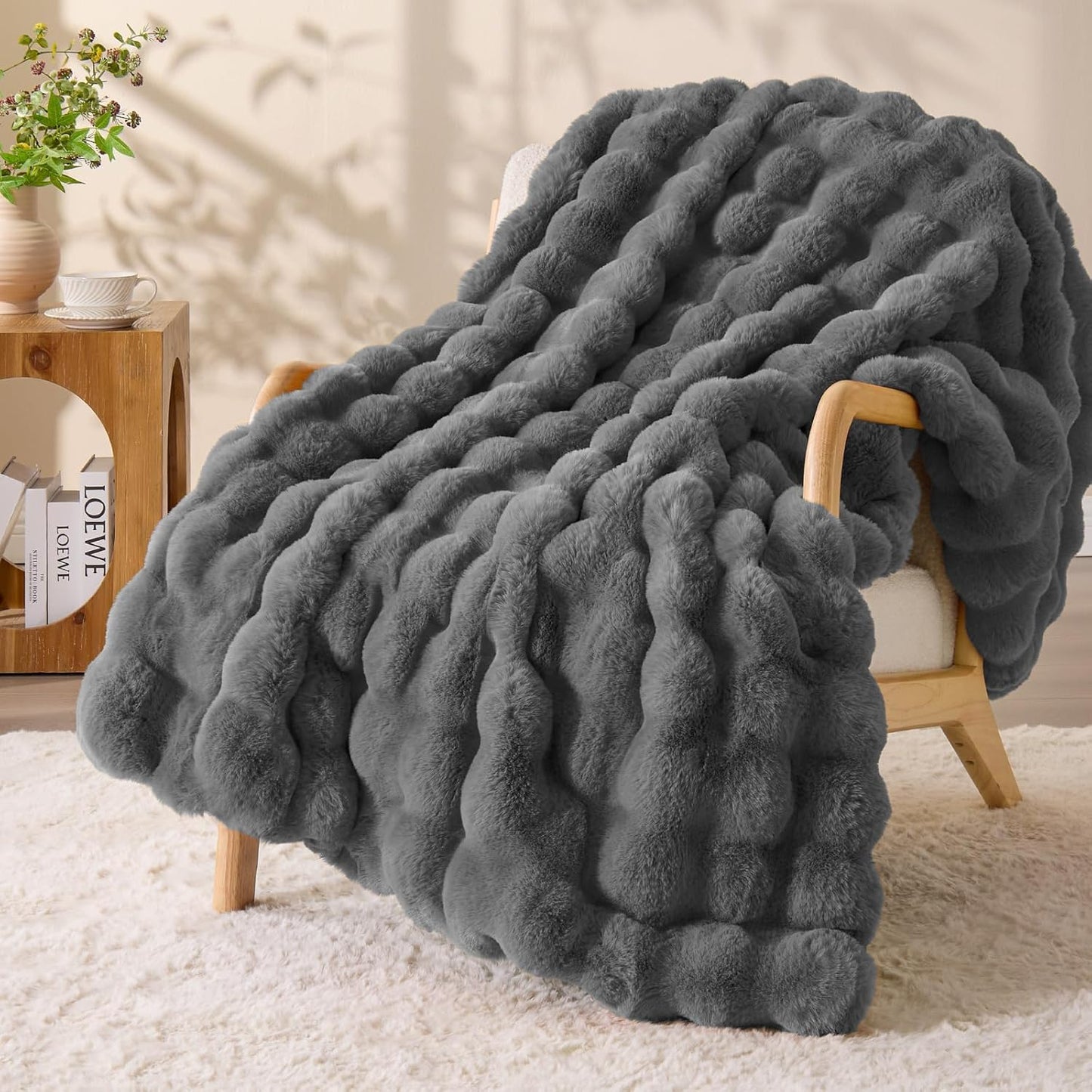 BEDELITE Faux Fur Throw Blanket - Cozy Plush Dark Grey Decor