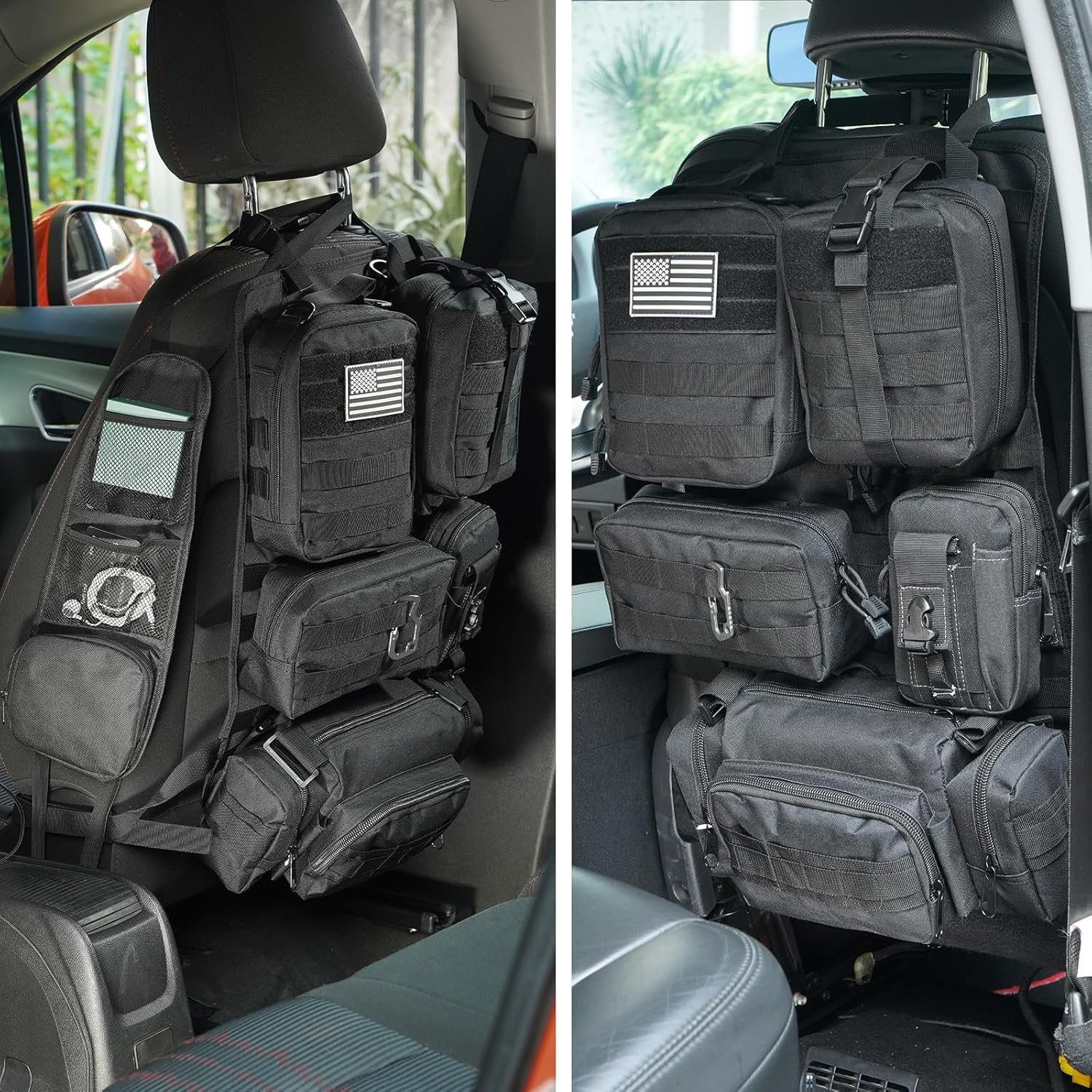 Tactical Car Seat Back Organizer with 6 Detachable Molle Pouches
