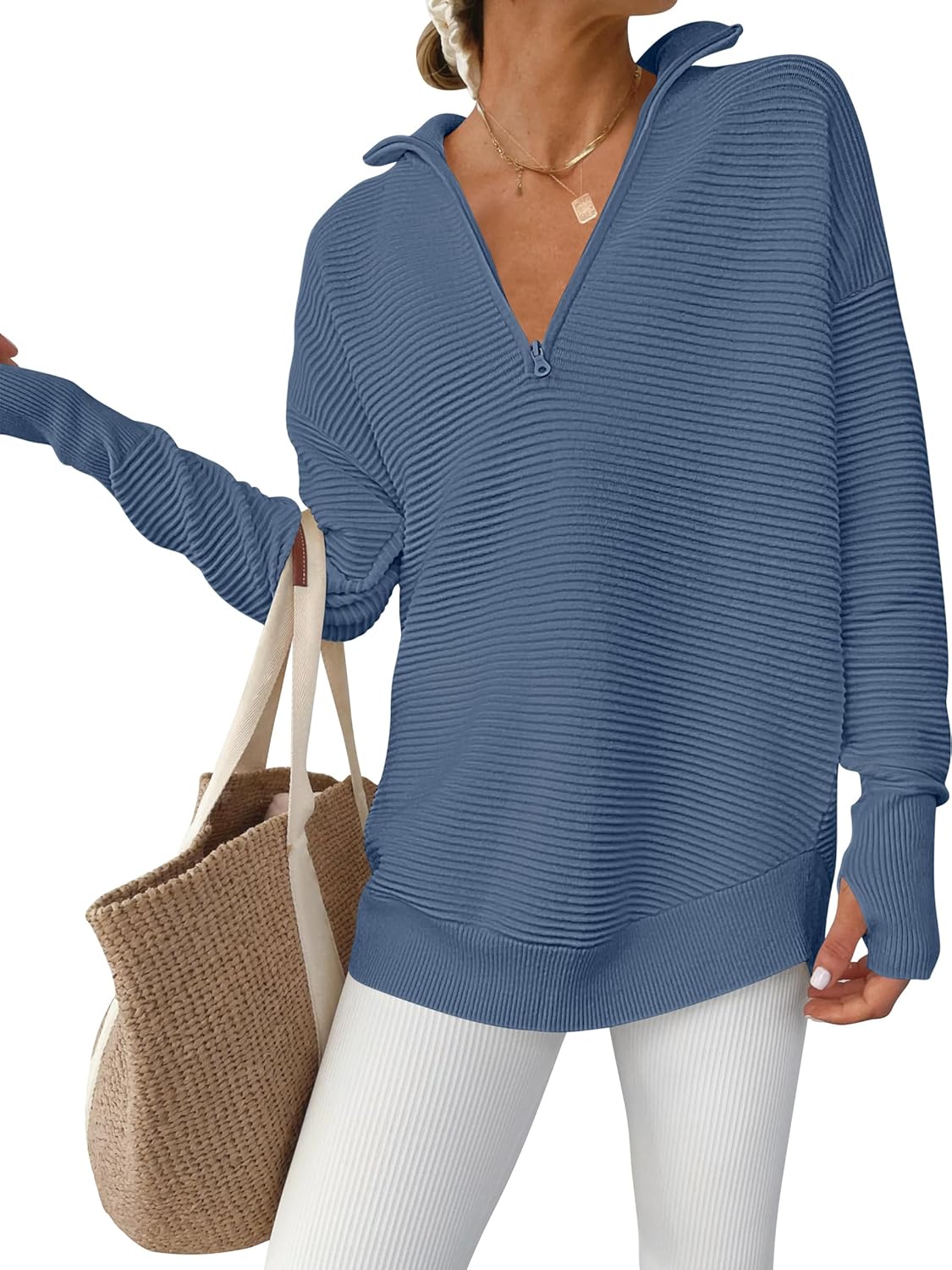 Womens Long Sleeve Quarter Zip Pullover Sweater for Casual Style