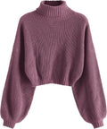 Cropped Turtleneck Sweater Lantern Sleeve Ribbed Knit - Cozy Crop way