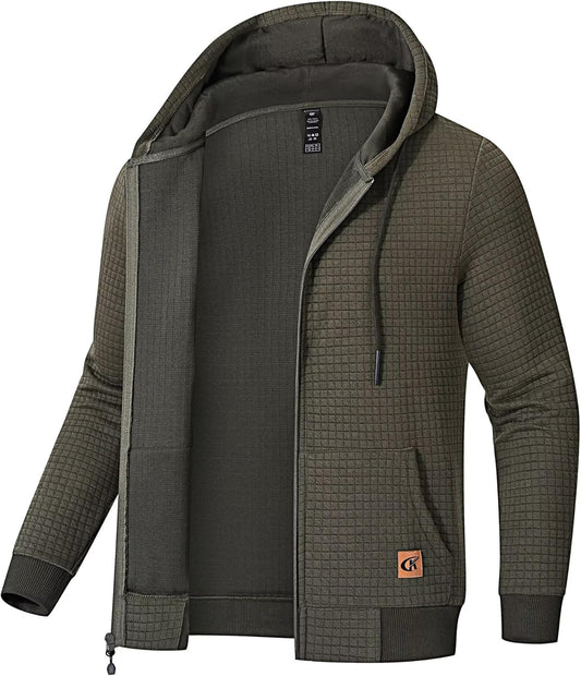 Men's Jacquard Plaid Lightweight Zipper Hoodie Sweatshirt Jacket
