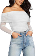Women's Off The Shoulder Long Sleeve Bodysuit - Sheer Ruched Mesh