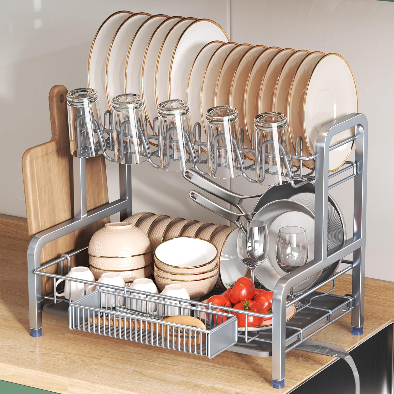 2 Tier Dish Drainers Drying Rack for Kitchen Counter Space Saving
