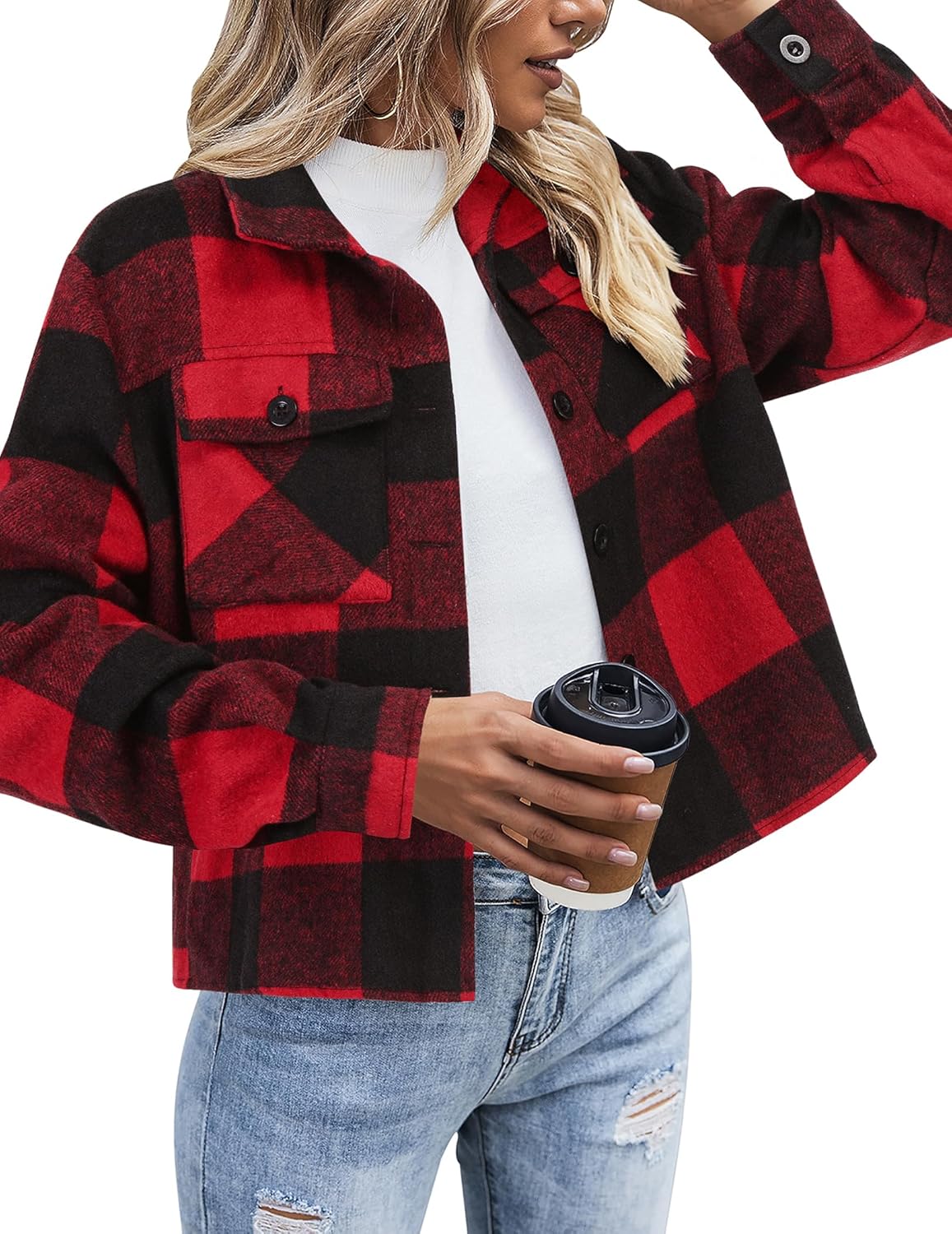 Cropped Flannel Shacket Jacket for Women - Fashionable Plaid Style