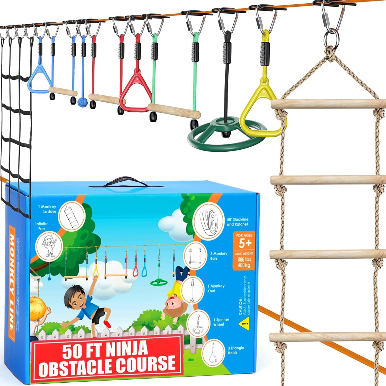 Ninja Warrior Obstacle Course for Kids with 10 Weatherproof Obstacles