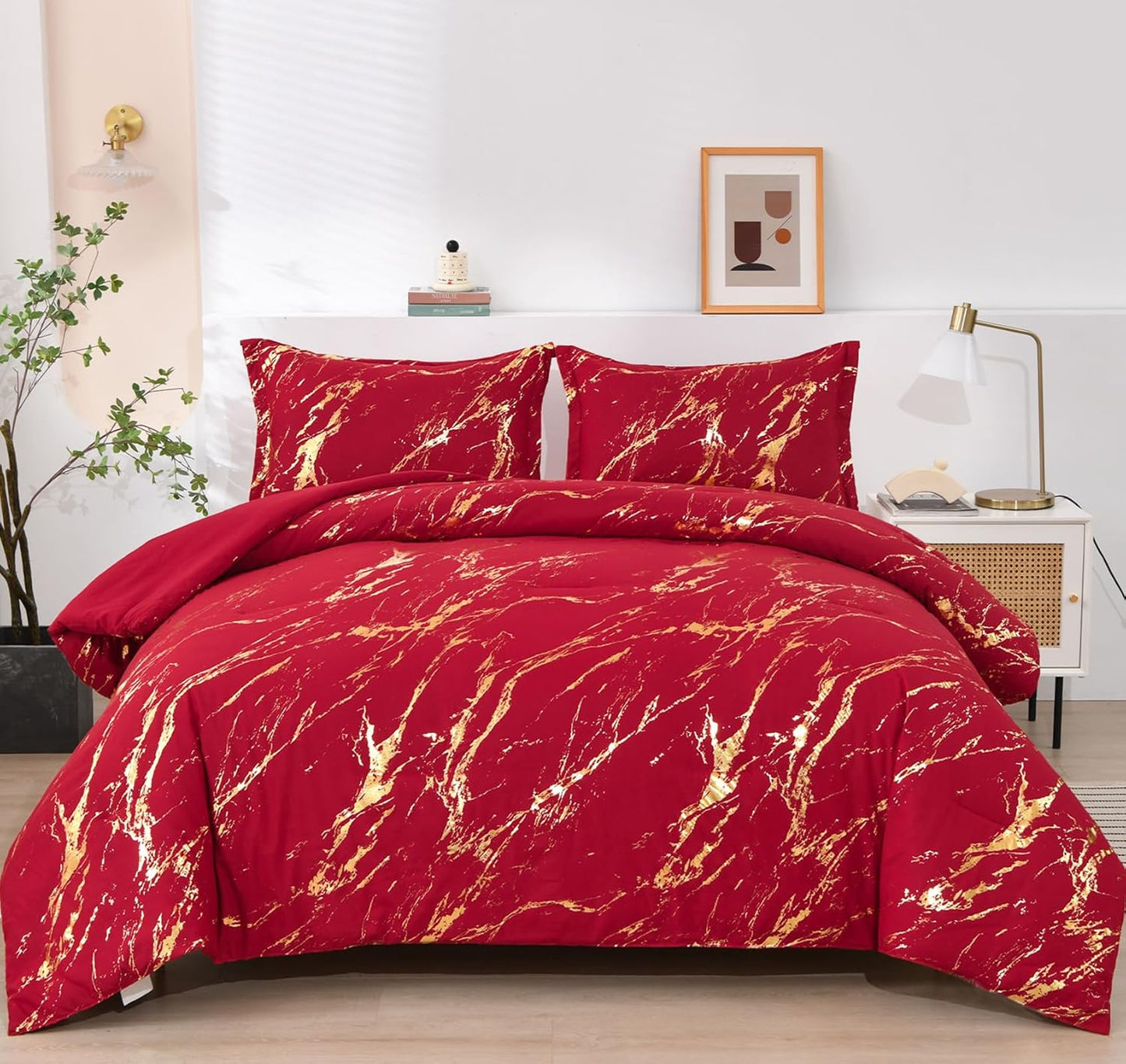 WONGS BEDDING Red Gold Metallic Marble Comforter Set Queen Size
