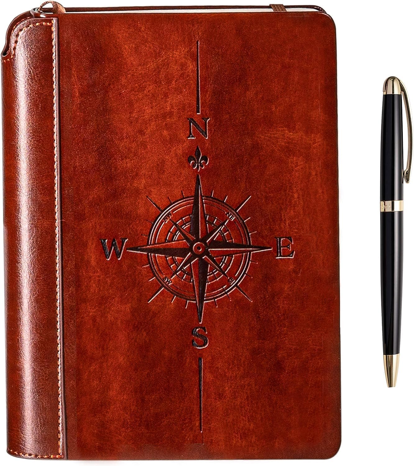 Luxury Compass Journal Set - Vegan Leather, Unique Pen Holder