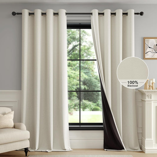 FMFUNCTEX 100% Beige Blackout Curtains for Total Privacy