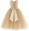 Flower Girl Satin V-Back Dress with Tulle Skirt - Removable Bow