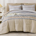 Beige Striped Comforter Set Queen Size - Soft Lightweight 7-Piece