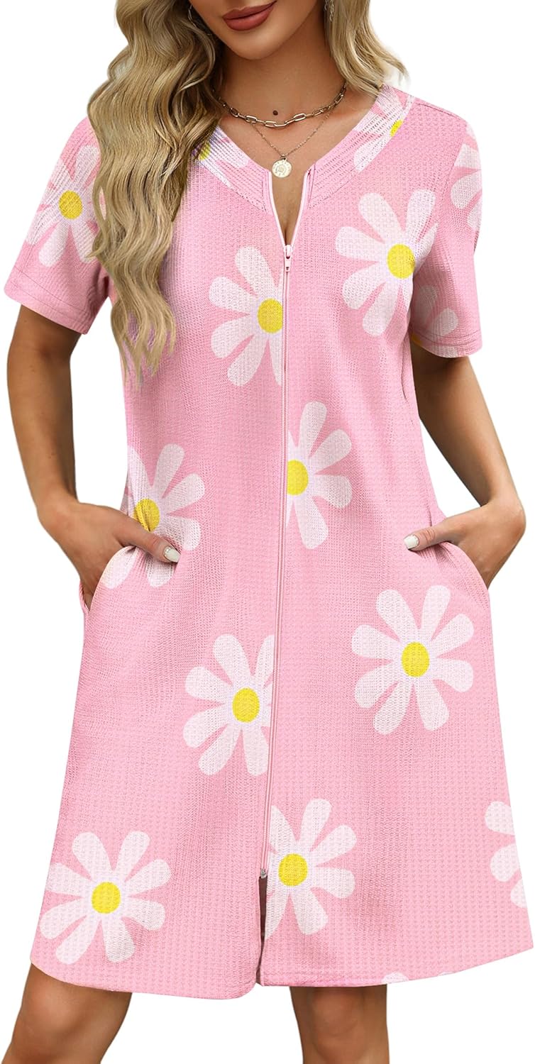 Ekouaer Women Zipper Robes Waffle Short Bathrobe with Pockets