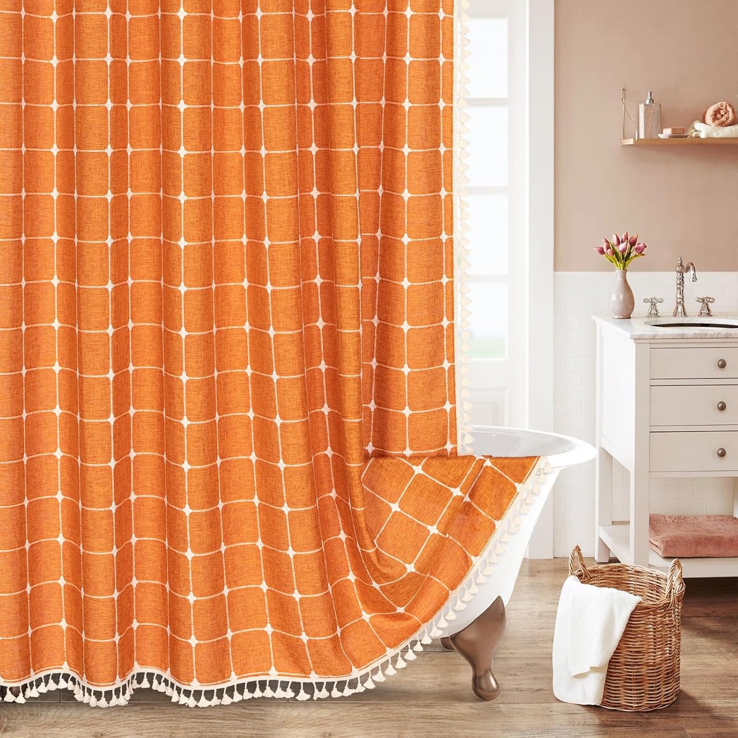 MitoVilla Orange Boho Extra Long Shower Curtain for Rustic Decor