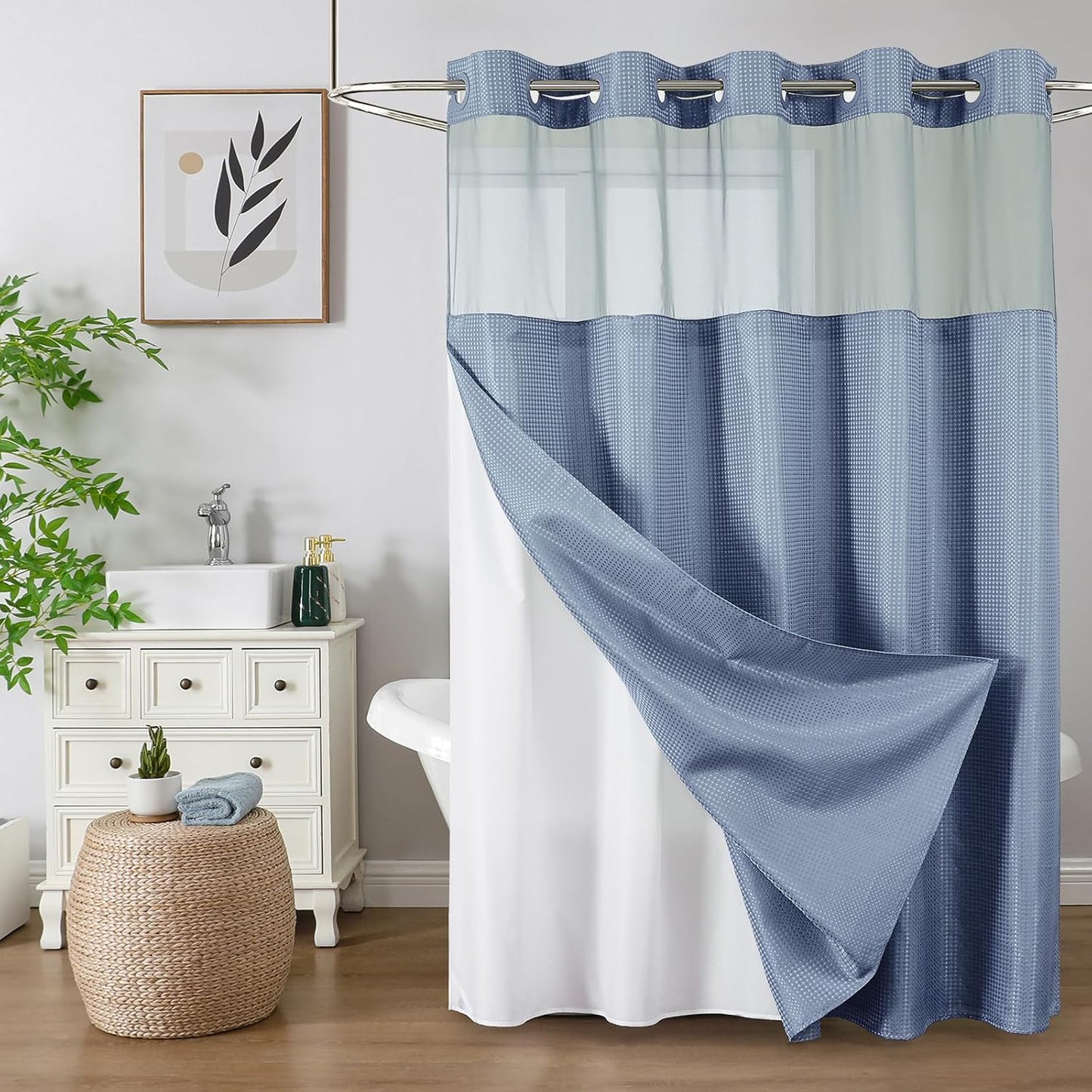 Hotel Style Waterproof Shower Curtain Set, Waffle Weave Design, Moonlight Blue, 72x75