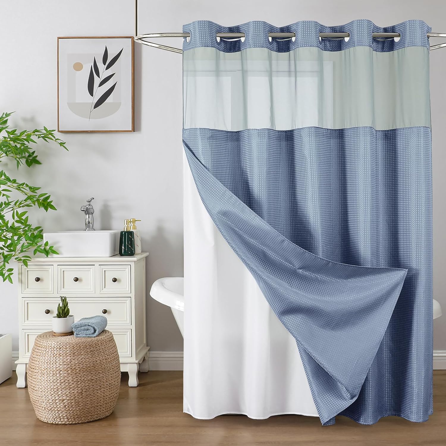Hotel Style Waterproof Shower Curtain Set, Waffle Weave Design, Moonlight Blue, 72x75