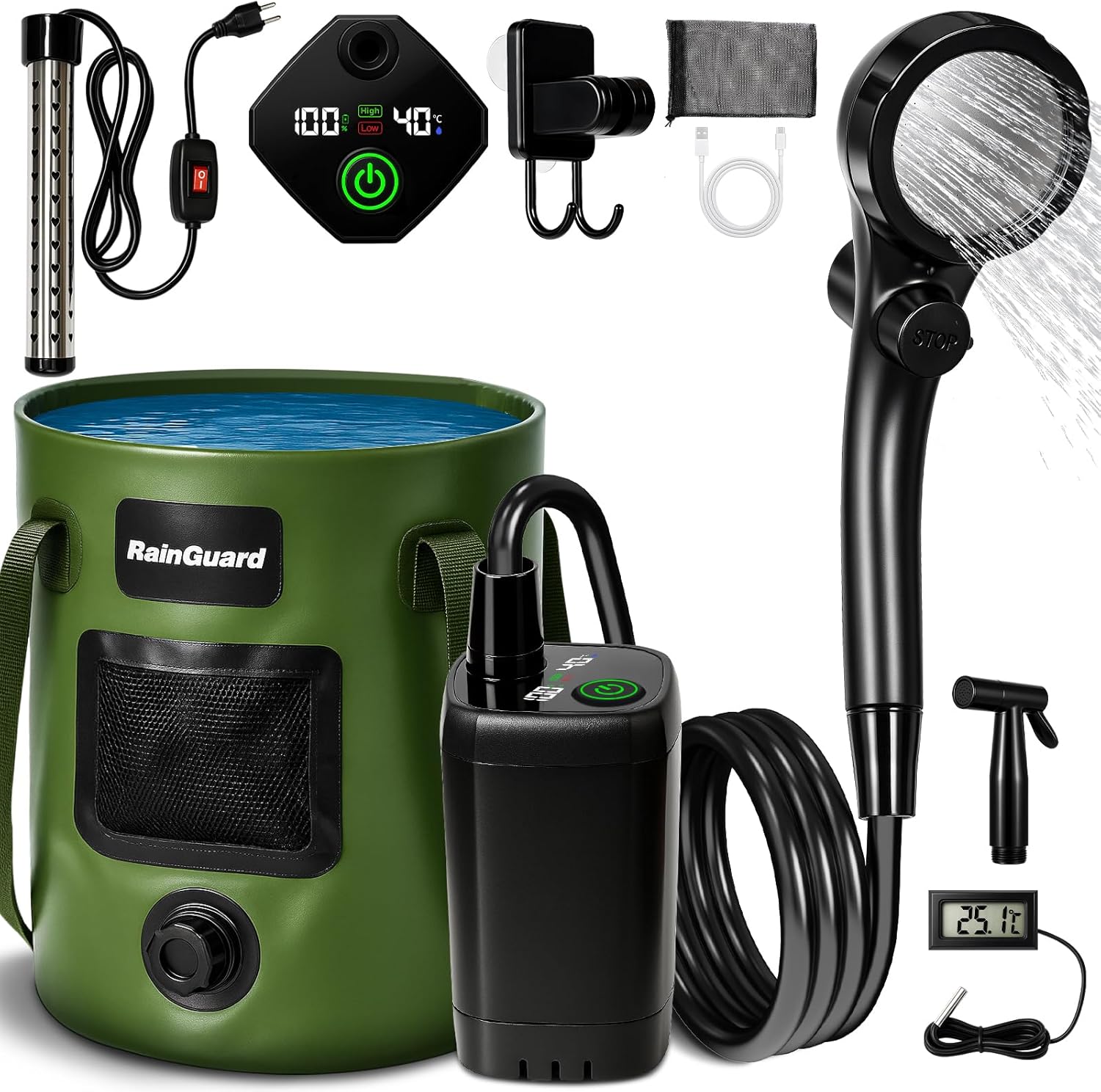 Portable Shower for Camping with 6000mAh Rechargeable Pump