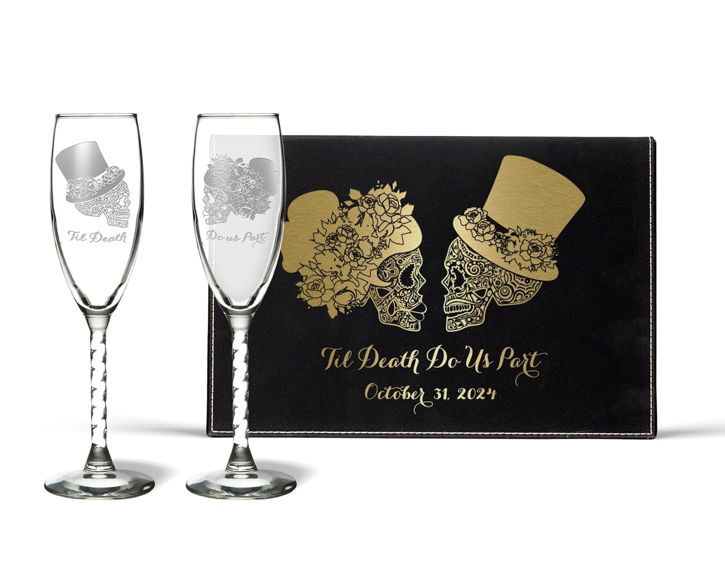 Personalized Sugar Skull Flutes for Timeless Wedding Toasts