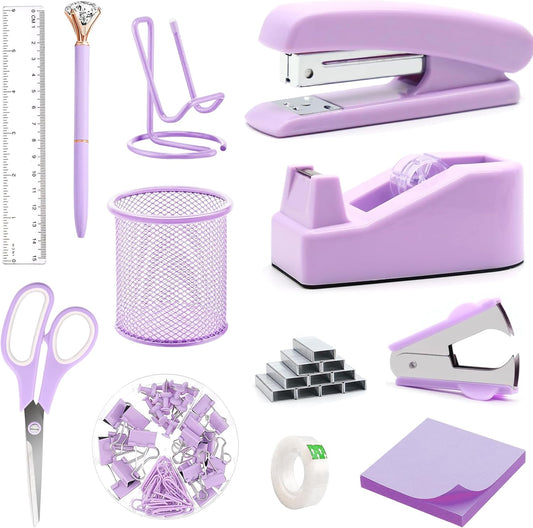 Purple Desk Essentials Set: Stapler, Pen Holder, Scissors, & More