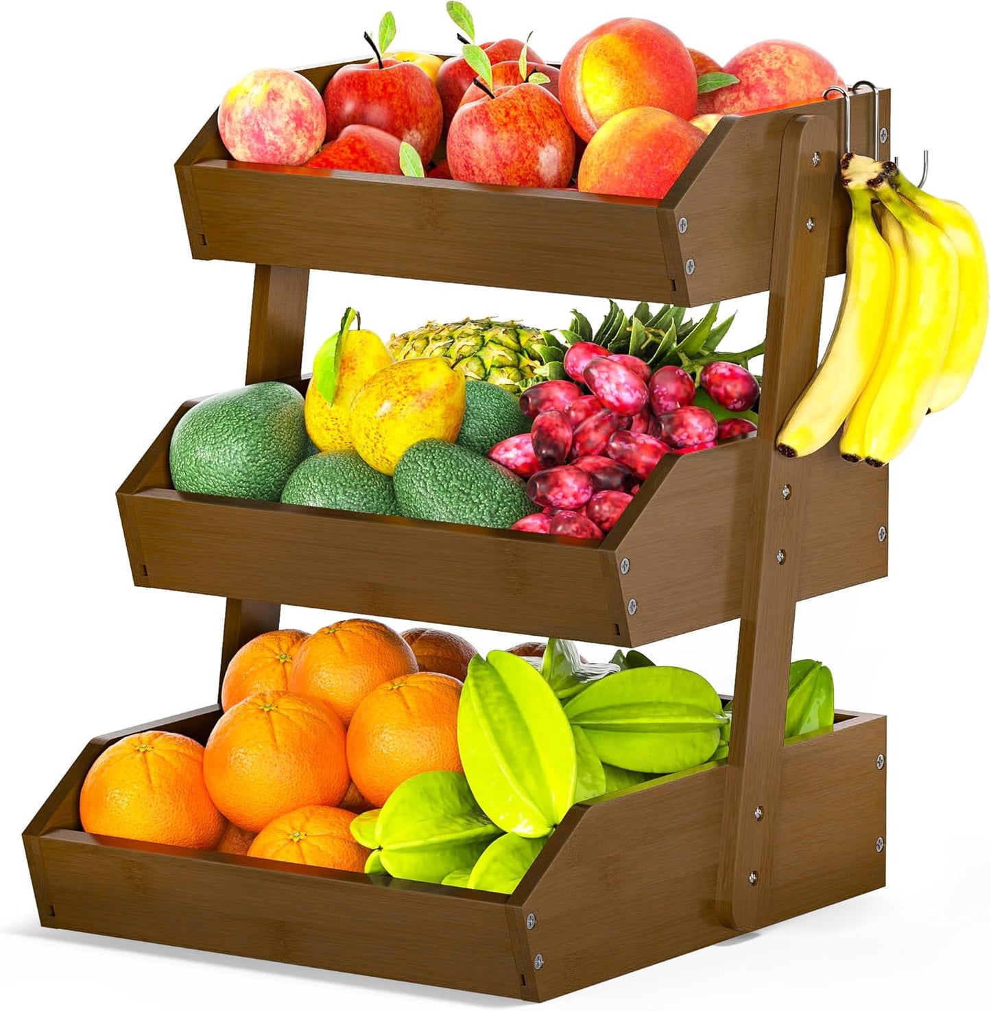 Bamboo Fruit Basket for Kitchen with 3 Tiers and Hangers