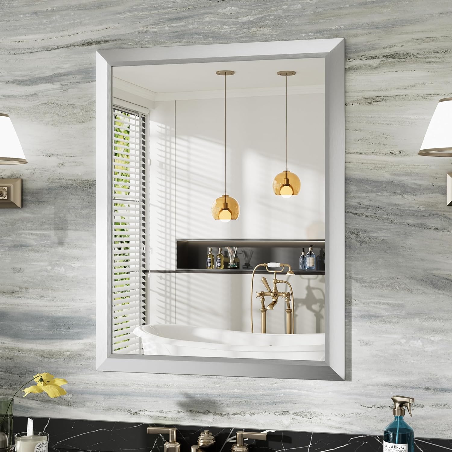 28x36 Inch Silver Bathroom Mirror for Wall with Thick Frame