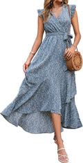 Summer Floral Maxi Wrap Dress - Flowy Ruffle Vacation Dress