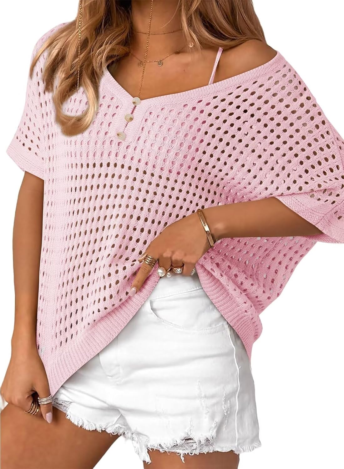 Dokotoo Womens Summer V Neck Button Down Crochet Coverup