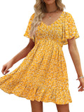 Cute V Neck Flutter Sleeve Sundress for Women with Floral Design