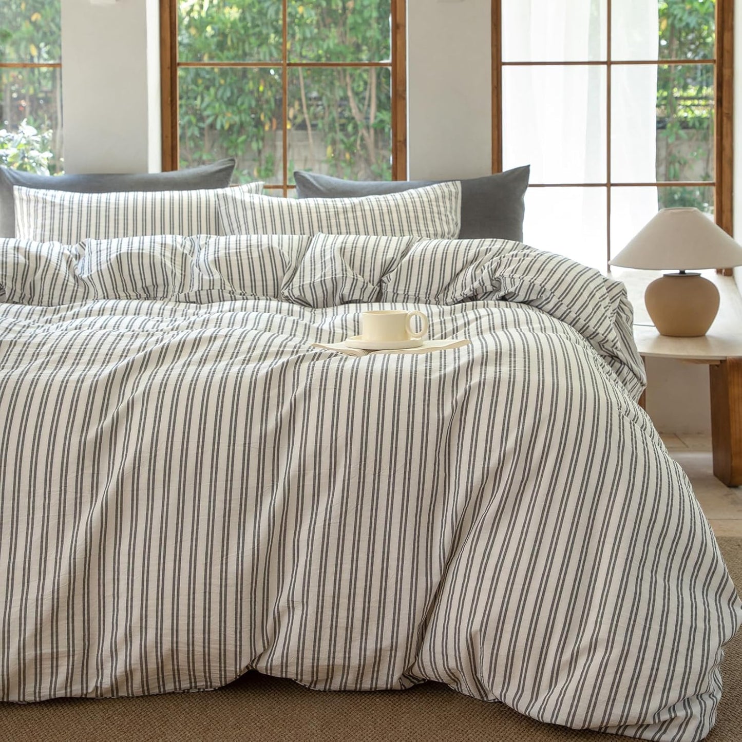 Striped Duvet Cover Set in 100% Washed Cotton for Comfort