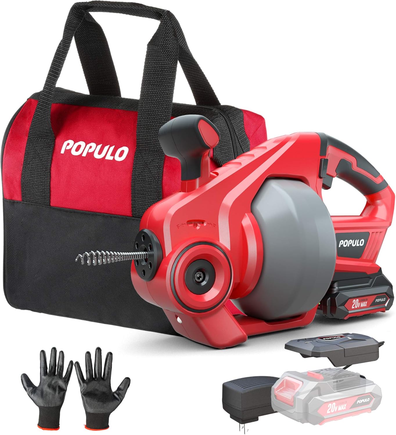 POPULO 20V Cordless Electric Drain Auger for Clogged Drains