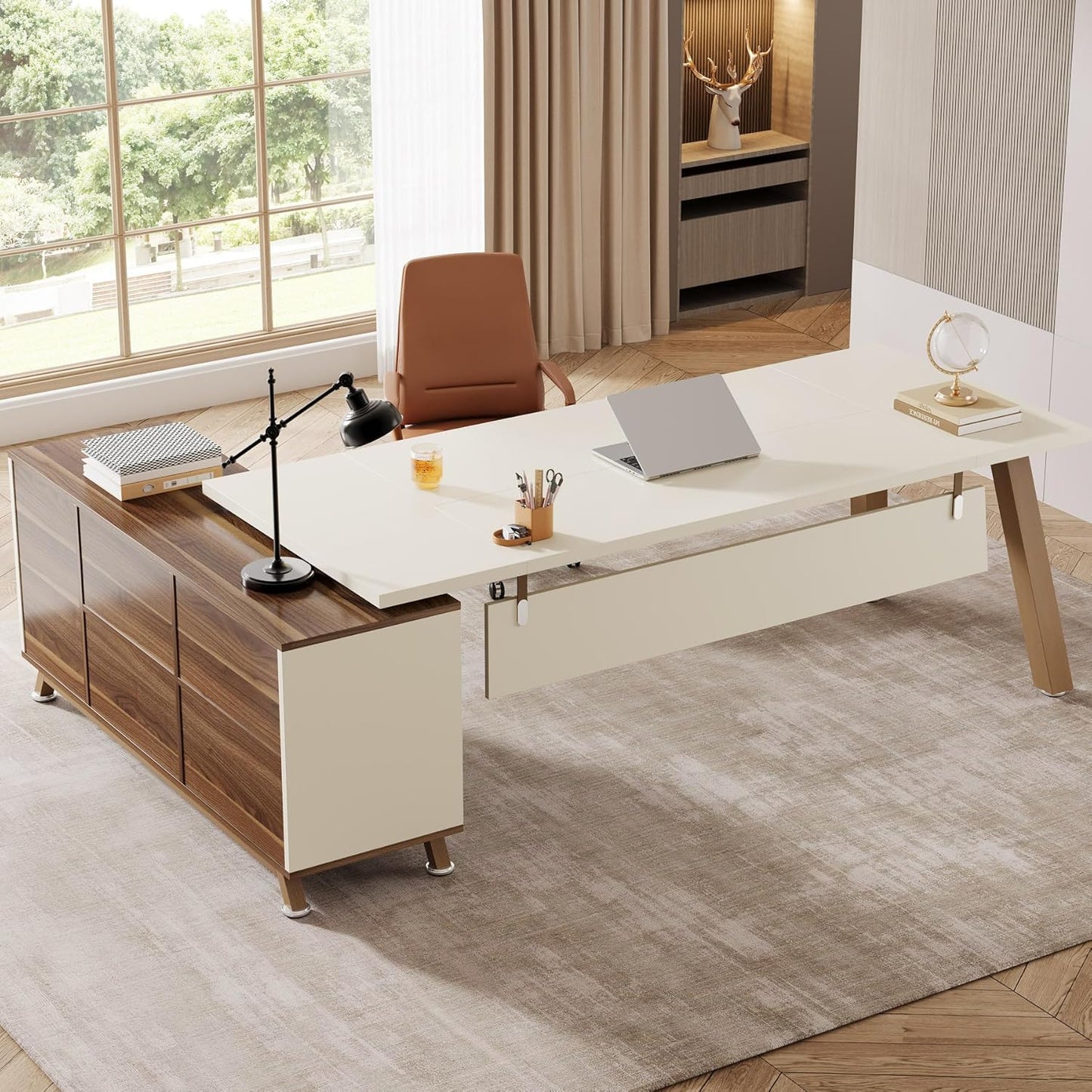 Tribesigns 71 Executive L-Shaped Desk with Cabinet - Walnut & White
