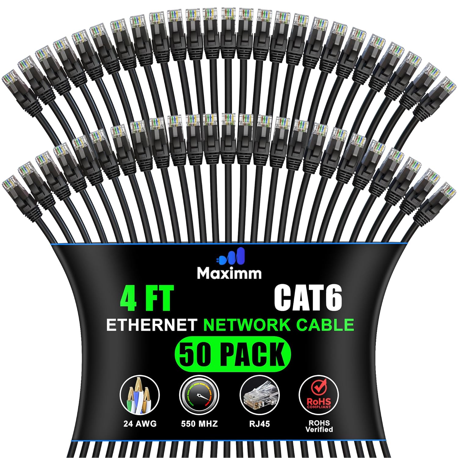Maximm Cat 6 Ethernet Cable 4ft 50-Pack - High-Speed 10Gbps LAN