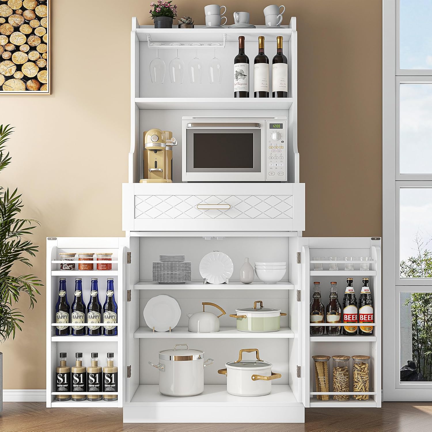 Freestanding Kitchen Pantry Cabinet - Adjustable Shelves & Drawer