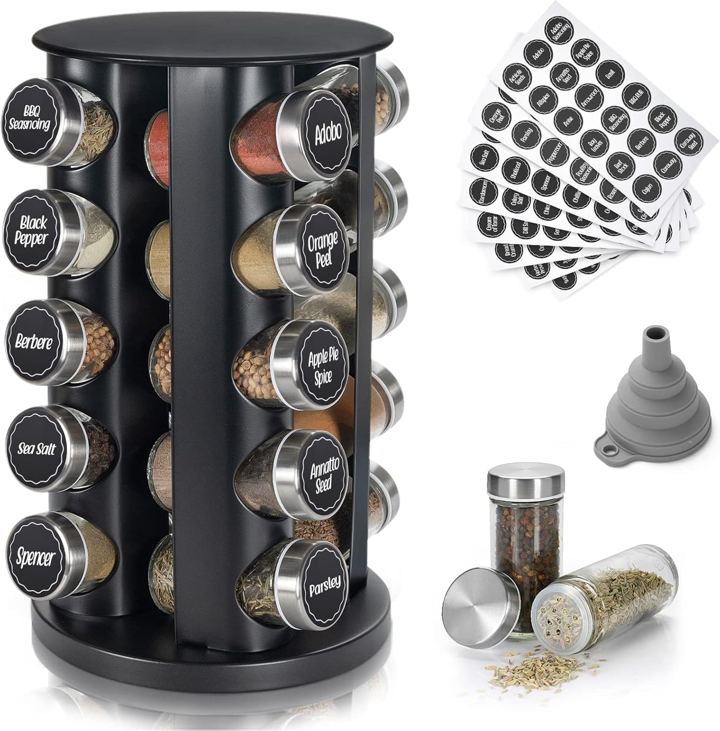 Black Countertop Revolving Spice Rack with 20 Jars and Labels