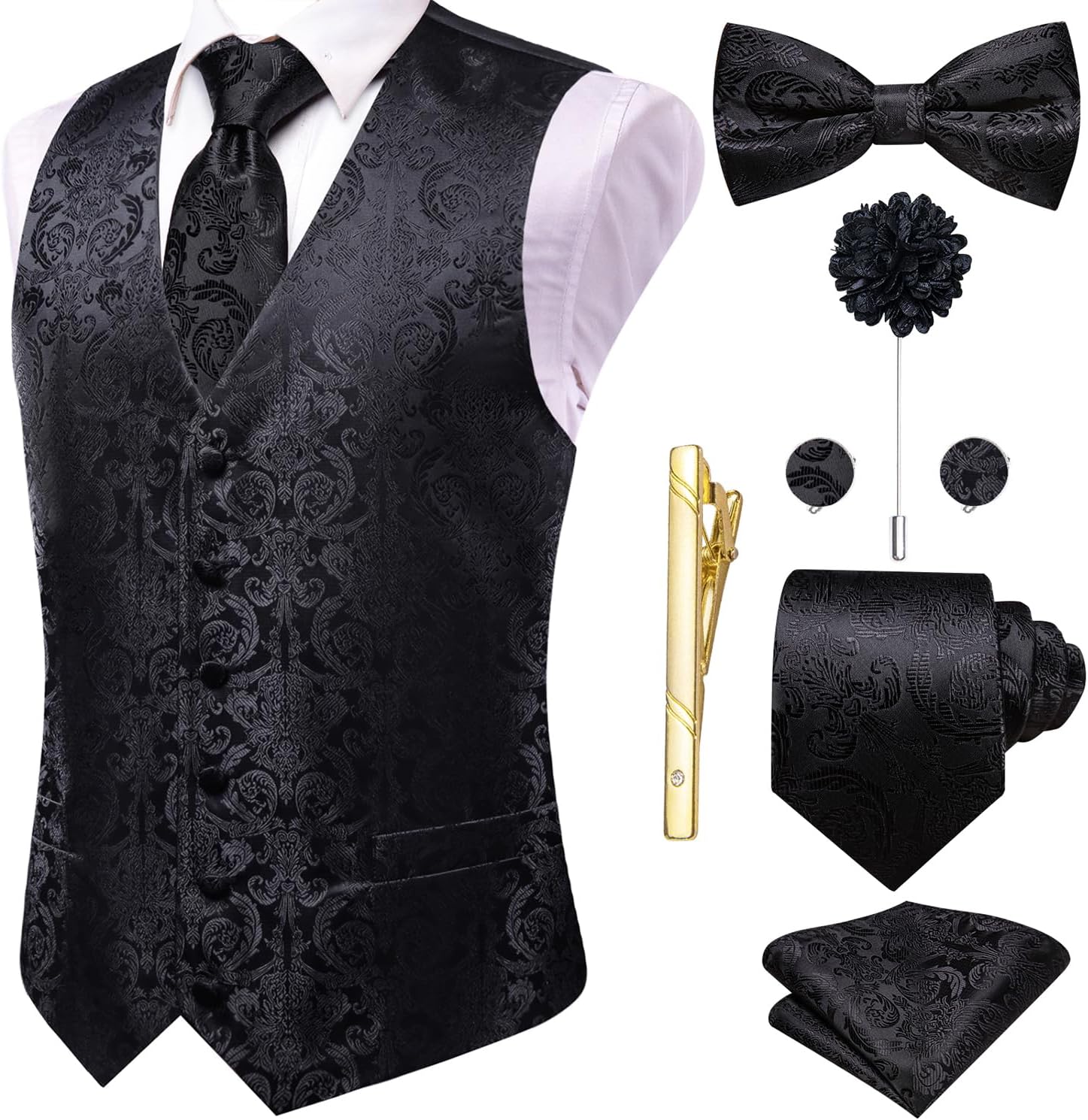 Hi-Tie Silk Mens Suit Vest Set for Weddings and Parties