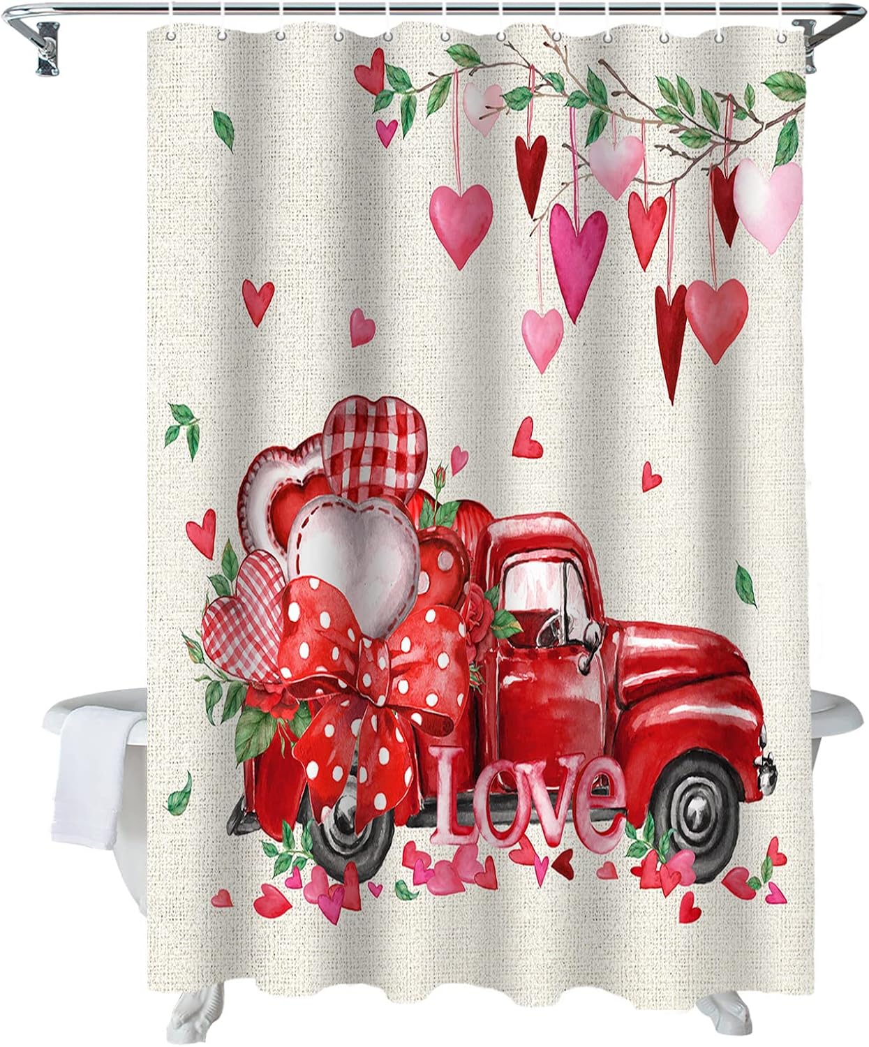 Valentine's Red Truck Heart Shower Curtain Set - Waterproof, Romantic Bathroom Decor - ALAGEO