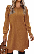 Women's Knit Tunic Dress with Puff Sleeves - Soft Ribbed Fall Dress