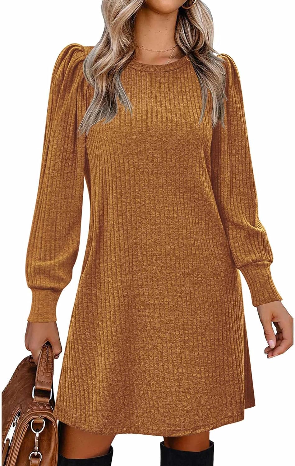 Stylish Women's Knit Dress with Puff Sleeves for Fall & Winter