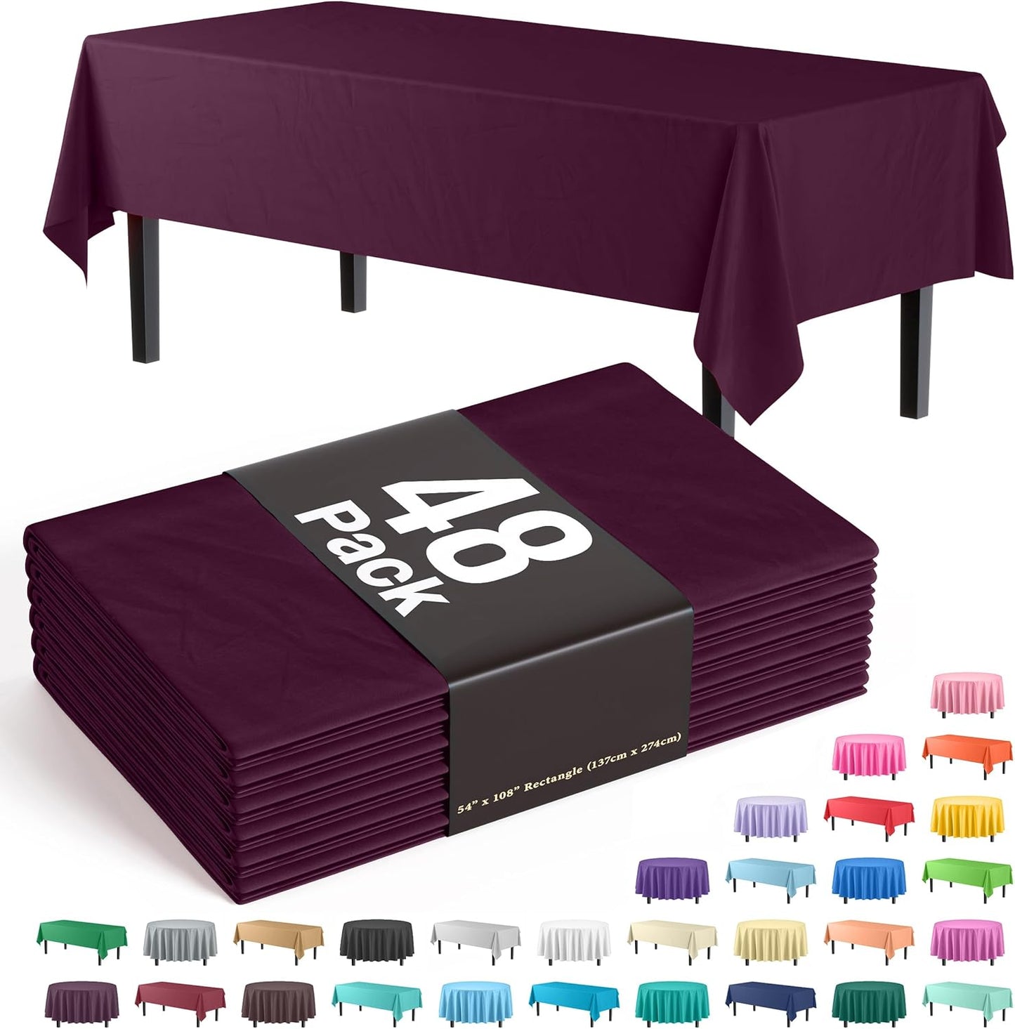 Plum Tablecloths for Rectangle Tables - 48 Pack Disposable Covers