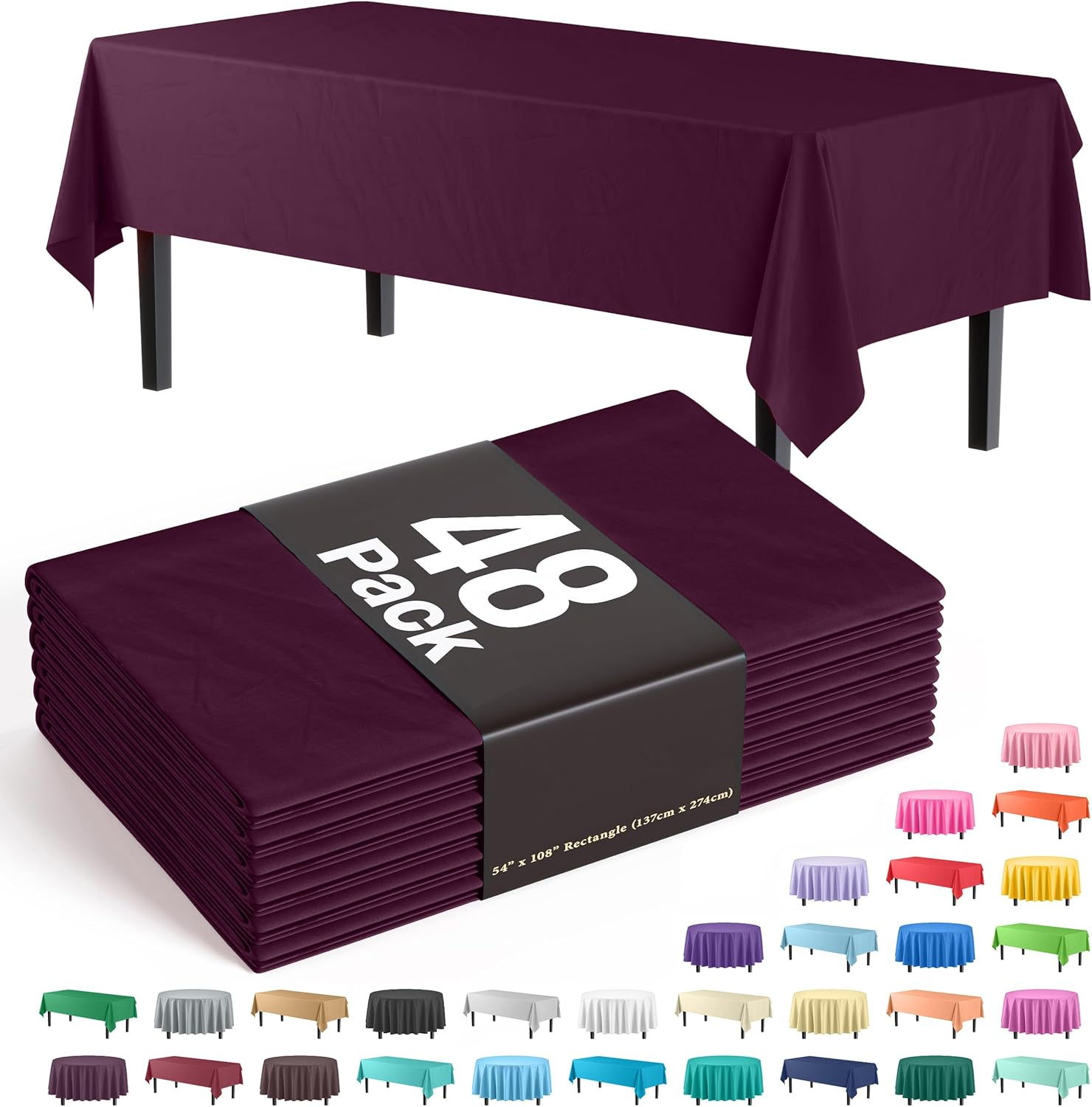 Plum Tablecloths for Rectangle Tables - 48 Pack Disposable Covers